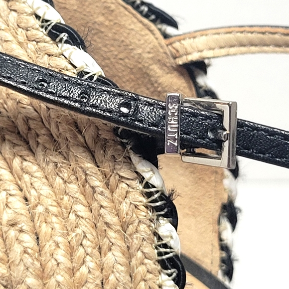 NWT SCHUTZ Black Leather Espadrille Wedges with Stripe Rope Piping - Picture 5 of 12